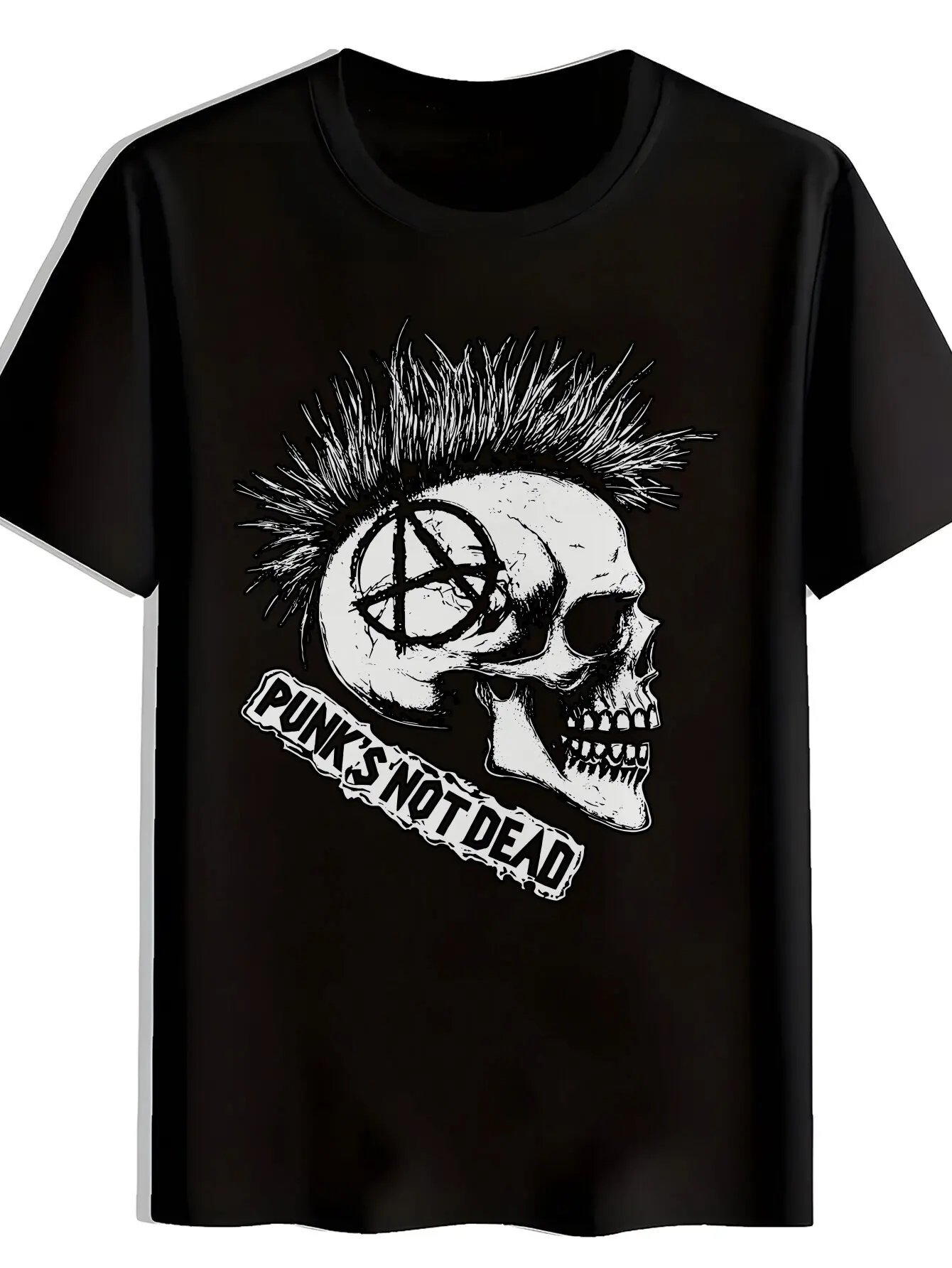 

Rock Band Graphic Tee for Women & Men - Black Short Sleeve Crewneck T-Shirt with Skull & Spiked Hair Design