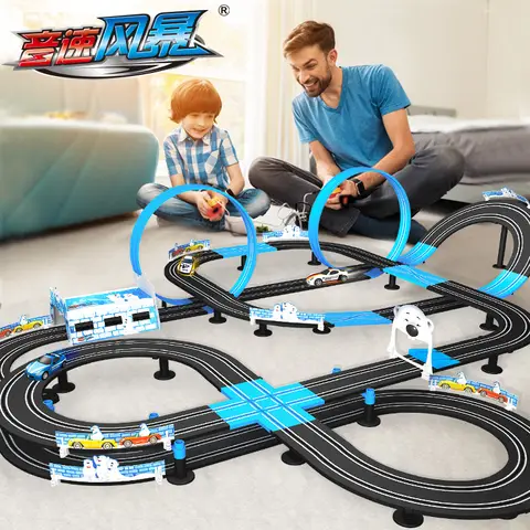 Sonic Storm Electric Railway Track Toy Set Double Remote Control Car Racing Track Autorama Circuit Voiture Toy For Boy Children