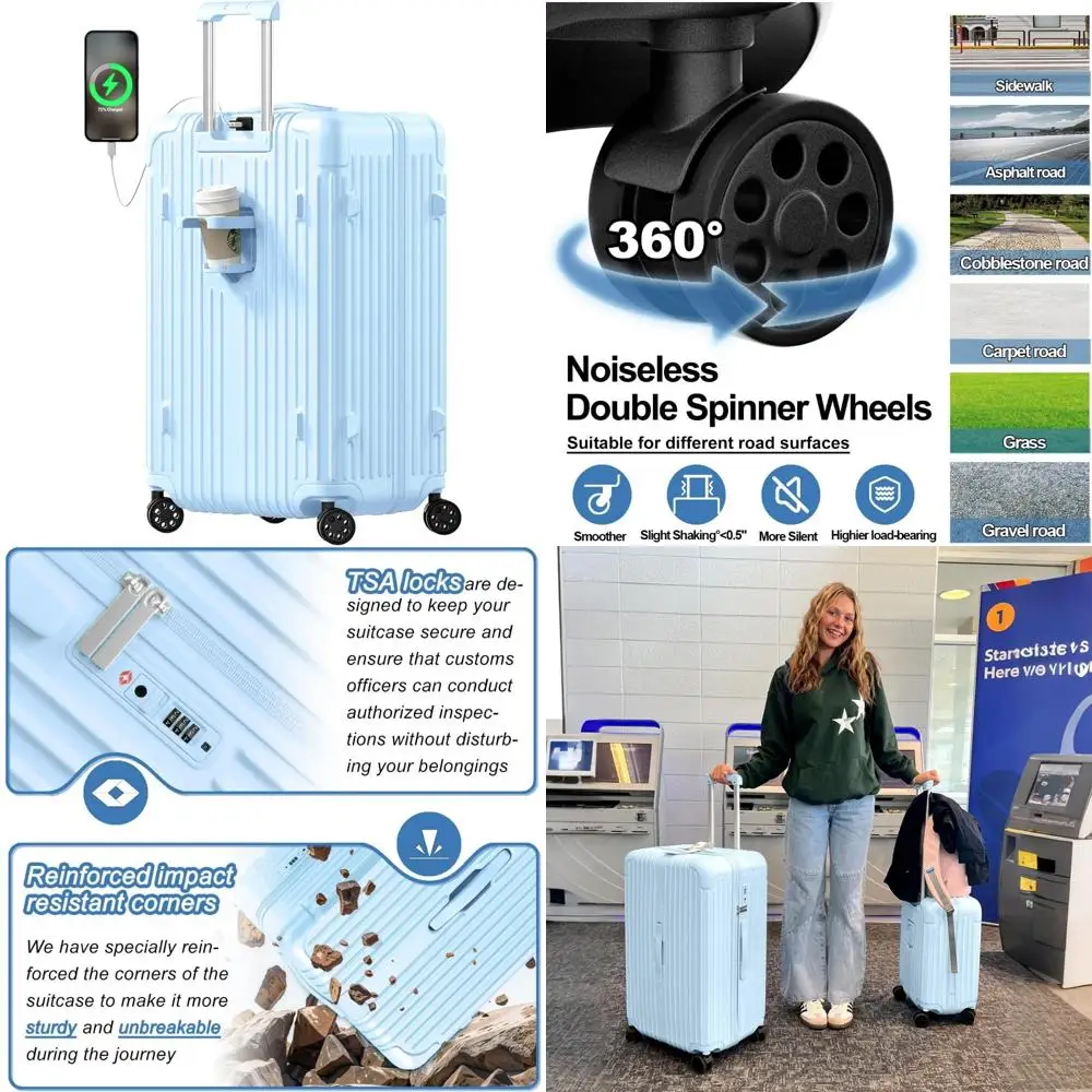 

Чемоданы на двойных колесах Spinner с USB-портом, подстаканником, замком TSA, твердой поверхностью из ПК + АБС-пластика, 28-дюймовый чемодан для путешествий