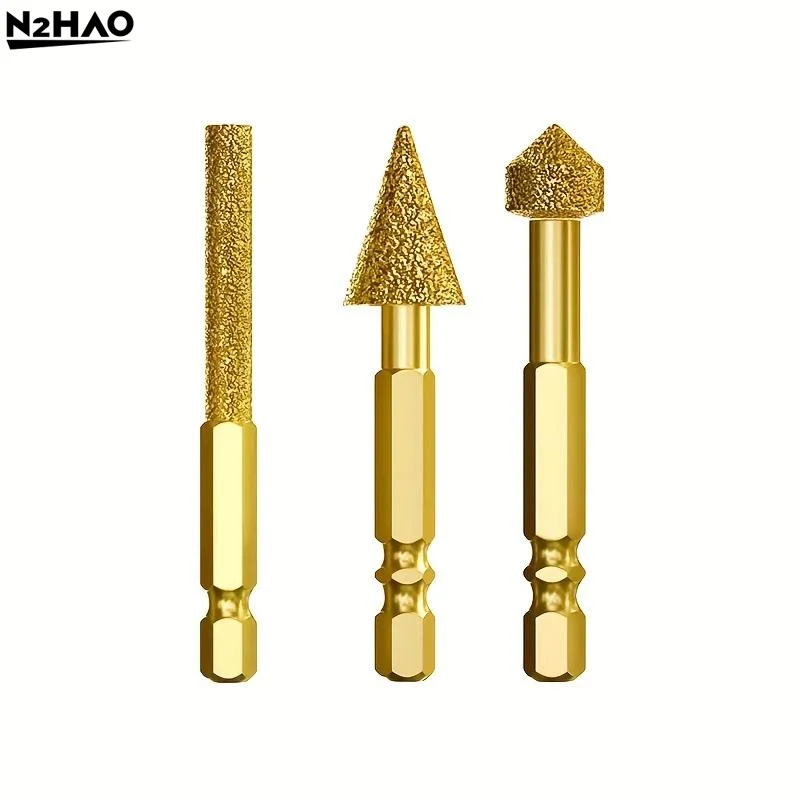 3pcs Diamond Grinding Head Tile Rotary File Polishing Head For Iron, Stainless Steel, Ceramic, Tile, Fits Drill