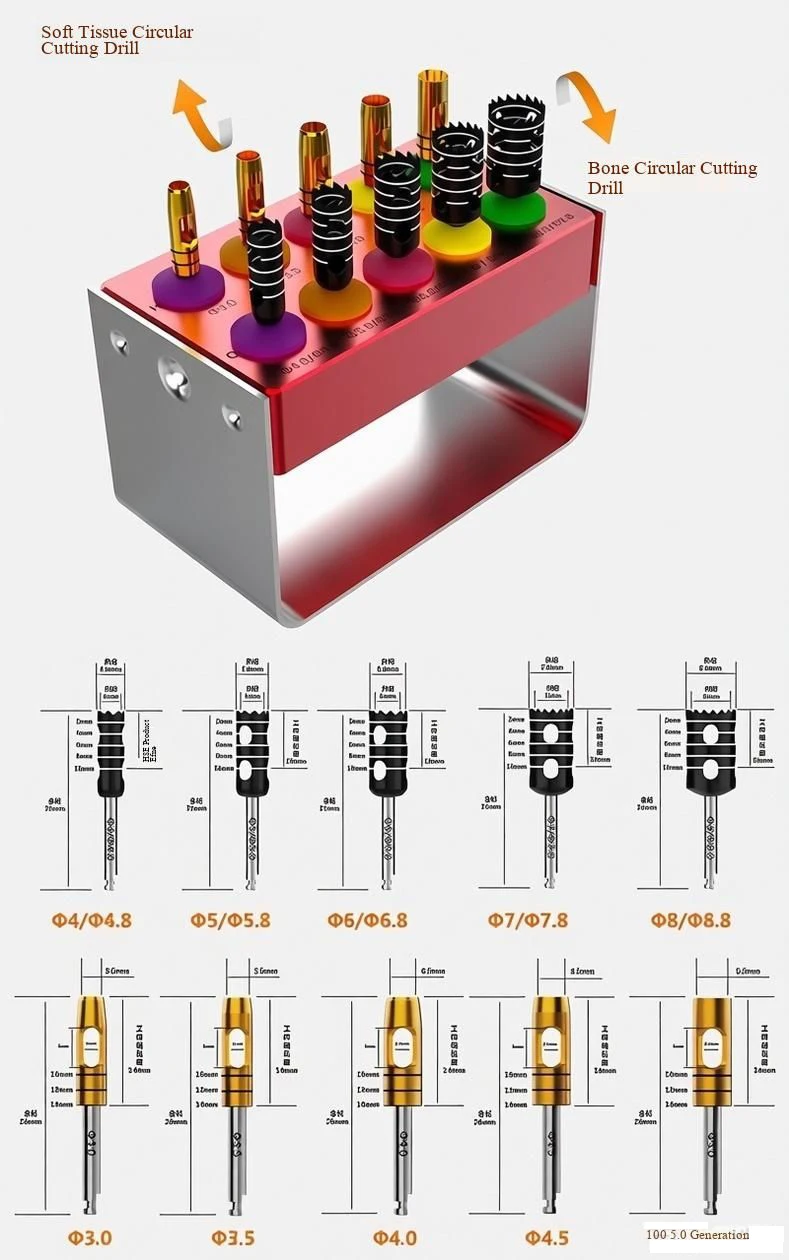 Dental Trephine Drill Kit 5 Sizes Autogenous Bone Harvest Bur Gingival Resection Implant Removal Laser Scale Oral Implant Surgic