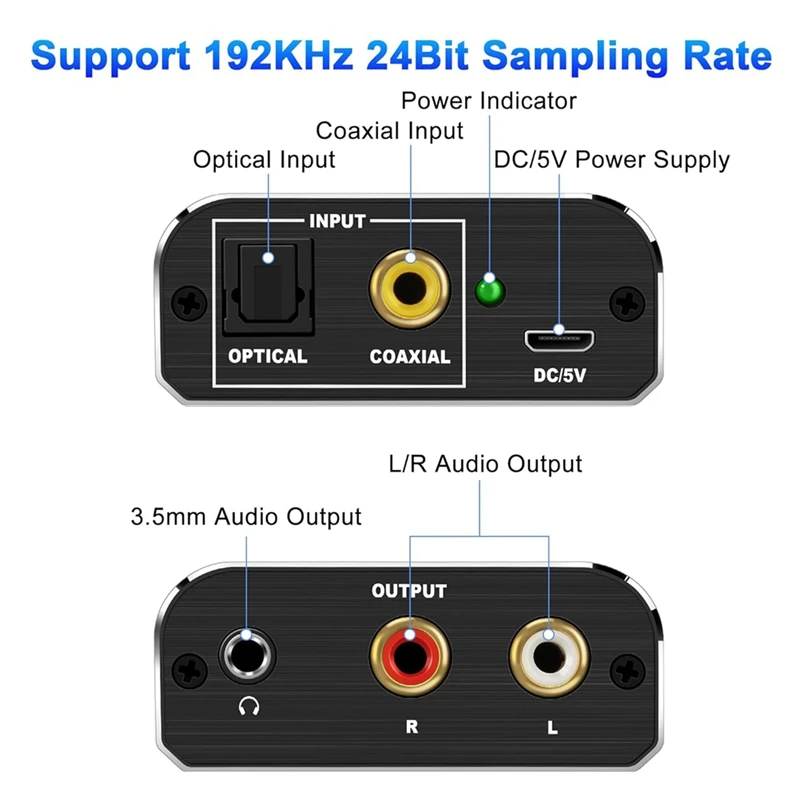 Цифро-аналоговый аудиоконвертер, цифровой коаксиальный и оптический преобразователь 192 кГц с оптическим кабелем для систем домашнего кинотеатра HDTV