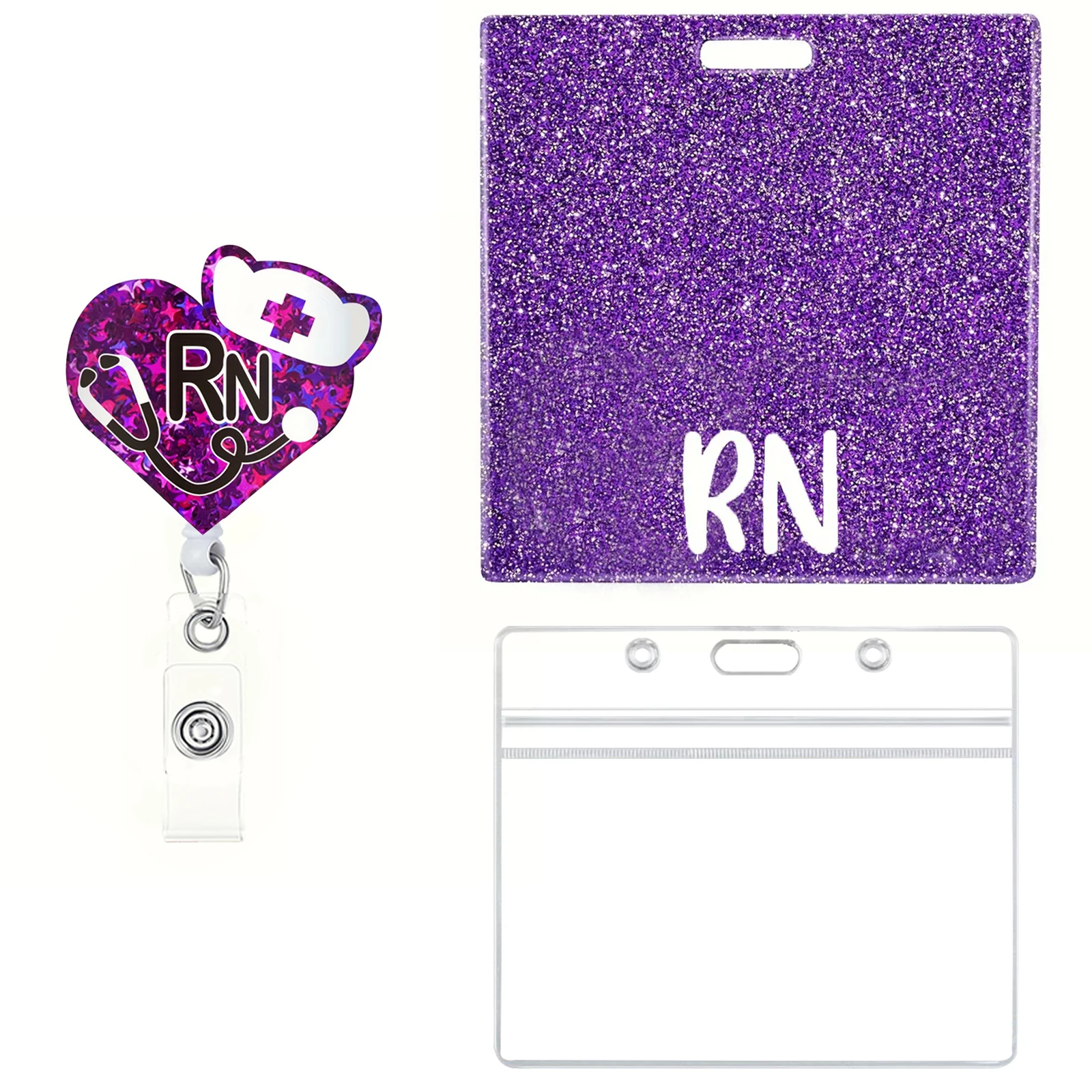 Shiny Nurse Doctor CNA RN Acrylic Retractable Badge Reel with Acrylic Horizontal Badge Card Holder Medical Supplies Accessories