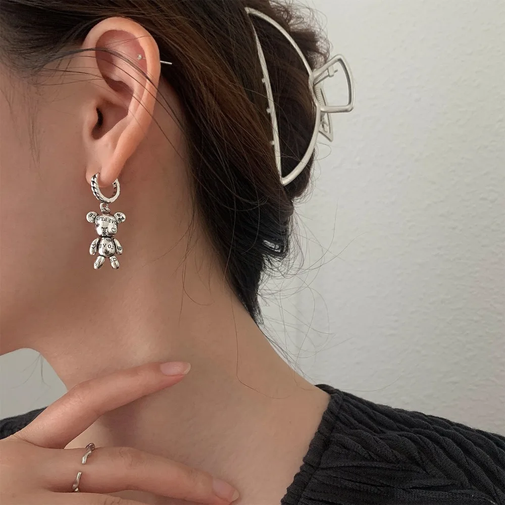 Korean Fashion 925 Sterling Silver Stereo Little Bear Heart Shape Asymmetric Pendant Dangle Earrings for Women Cute Jewelry