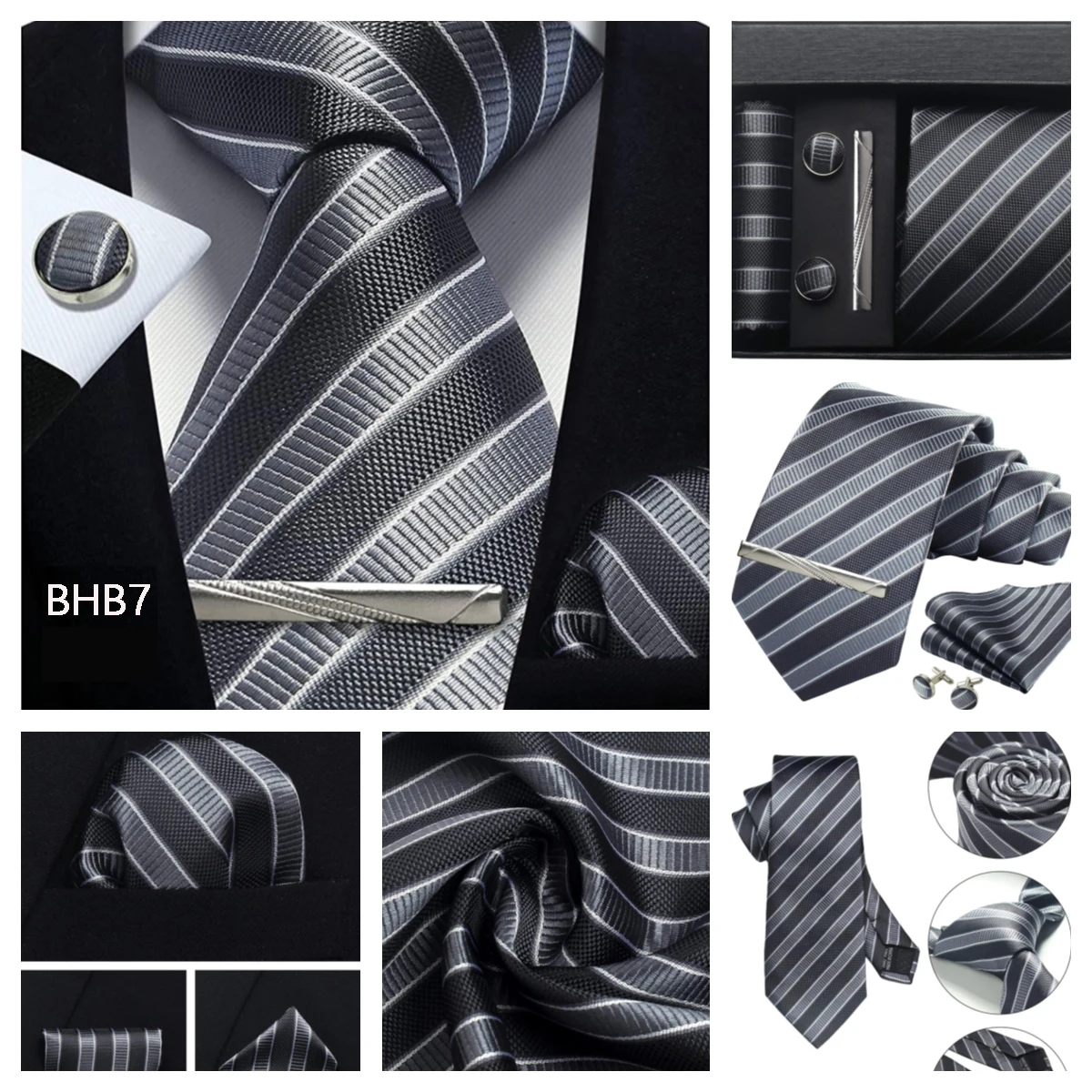 Klassische Herrenkrawatten aus 100 % Seide in Geschenkbox, 8 cm, kariert, gepunktet, gestreift, Business-Krawatte, Einstecktuch, Manschettenknöpfe, Hochzeitskrawatten-Set – Detail 19