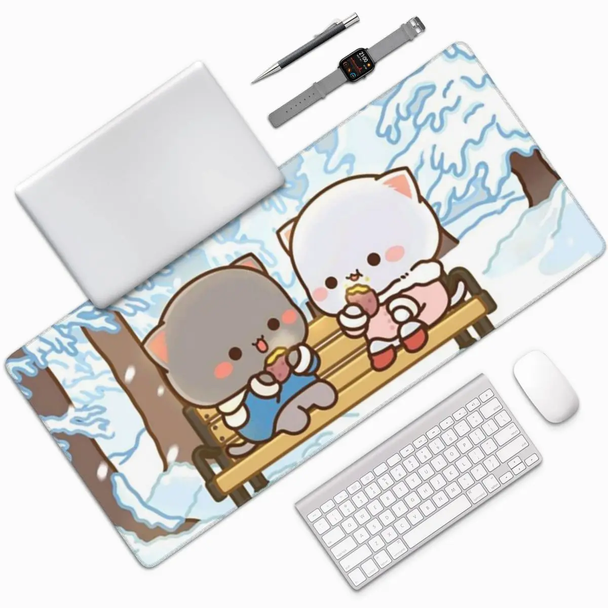 Peach Mochi Cat Cartoon Large Mouse Pad Computer Keyboard Mouse Mat Gamer PC Laptop Desk Mat Office Accessories Table Mats