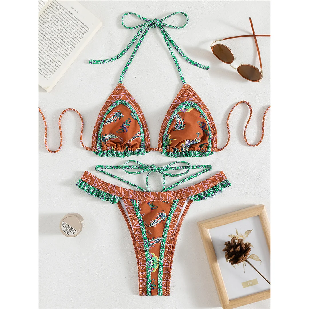 5 Farben, sexy, bedruckter Bikini mit Rüschen, Damen-Badebekleidung, zweiteiliger Bikini, Badeanzug, Badebekleidung, Modell V4651. – Detail 28