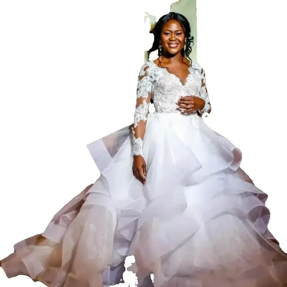 

Customized Best Selling Deep V Neck IIIusion Long Sleeves Lace Wedding Dresses Sweep Train Tiered Tulle Bridal Gowns