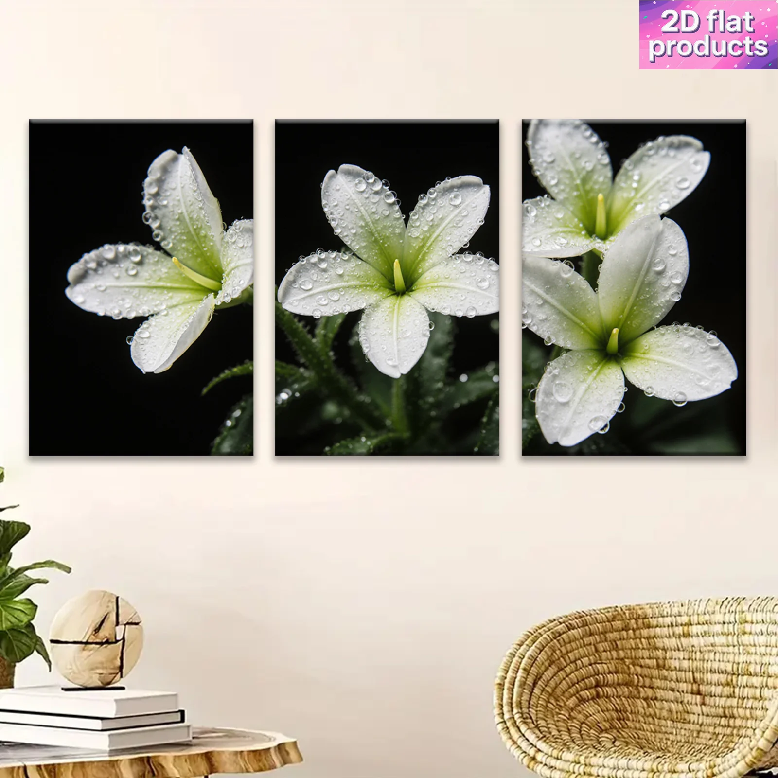Frameless 2D Flat, 3pcs White Lilies with Dew Drops Floral Wall Art Set - Wrapped Wooden Frame Canvas Posters, Modern/Art Dec