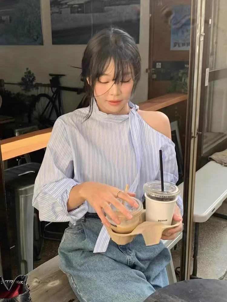 Chic Frühling Herbst Design Stehkragen aushöhlen oulder Krawatte Lose Beiläufige Lange Sve Vertikale Streifen frauen irt