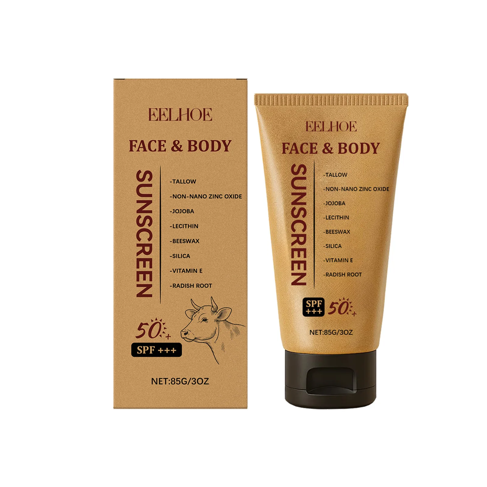 EELHOE Beef Tallow Sunscreen Spf 50 Summer Outdoor Face Sunblock Sun Protection Non Greasy Sunscreen for Sensitive Skin Care 85g