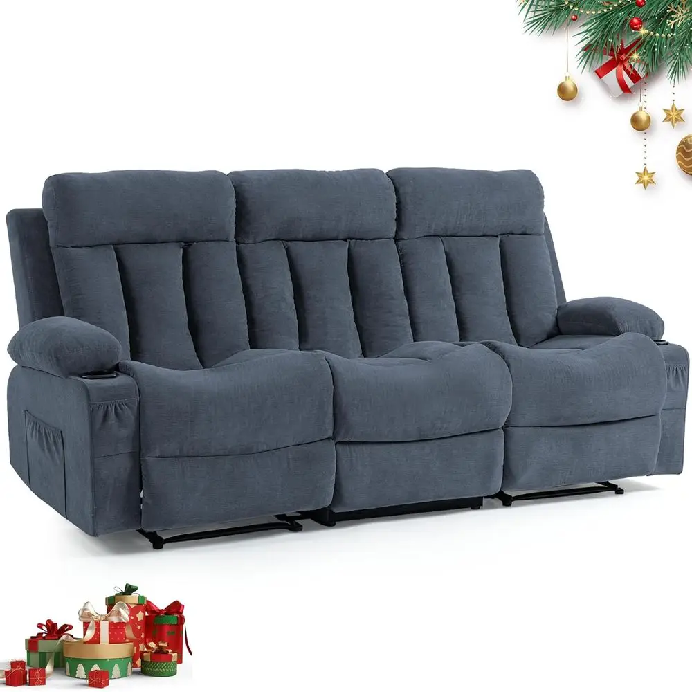 

86 Inch Blue Fabric 3-Seater Reclining Loveseat with Cup Holders for Home Theater or Living Room