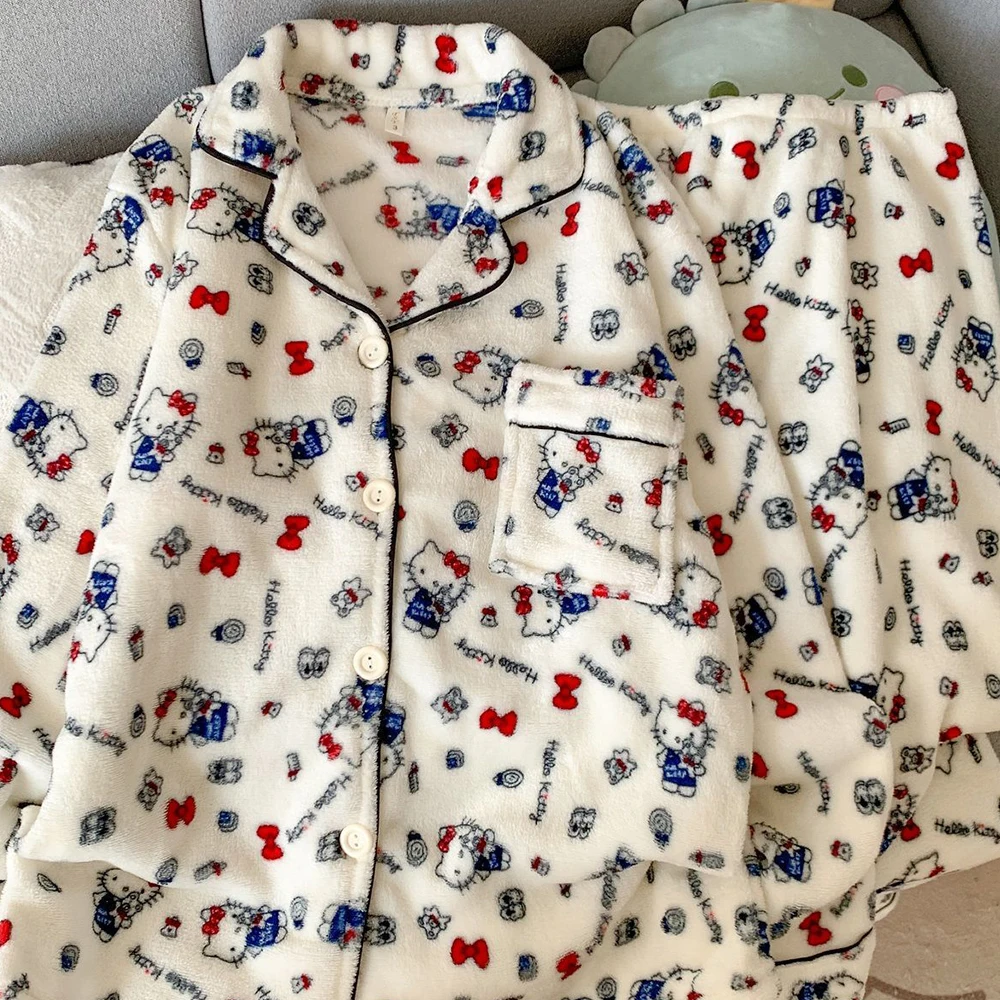 Sanrio Hello Kitty Flannel Women's Pajamas Set Cuteore Cartoon Winter Warm Sleepwear Long Sleeve Pant Nightwear Home Clothes New view 6