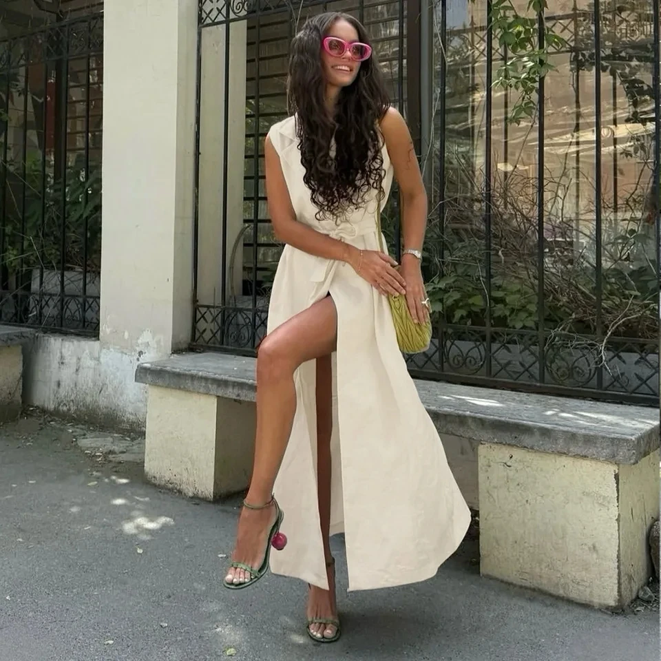 

2026 Spring Summer New Fashion Elegant Desin Temperament Sleeveless Lapel Tie Waist Split Dress Women