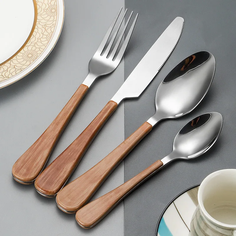 

Stainless steel cutlery set, knife, fork, spoon, creative wood grain clip handle, 4 piece western style