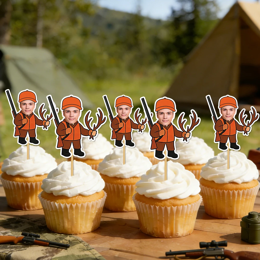 Personalisierter Jagd-Geburtstagstorten-Aufsatz, individuelles Jägermuster mit Gesichtsfoto, Party-Tortendekoration, Dessert-Obstspieße