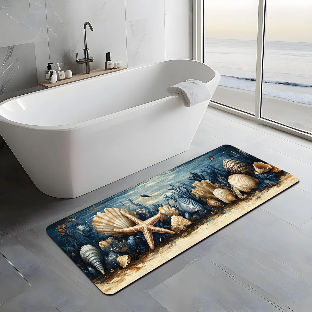 Deep Blue Sea Runner Mat Anti Slip Water Absorbent Starfish Coral Shell Decor Print Carpet for Kitchen Bedroom Bathroom Floor