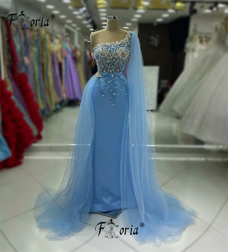 Vestido árabe de tul azul para ocasión Formal con sobrefalda, vestidos de fiesta con cuentas y borlas y cristales, vestidos de fiesta de noche de sirena