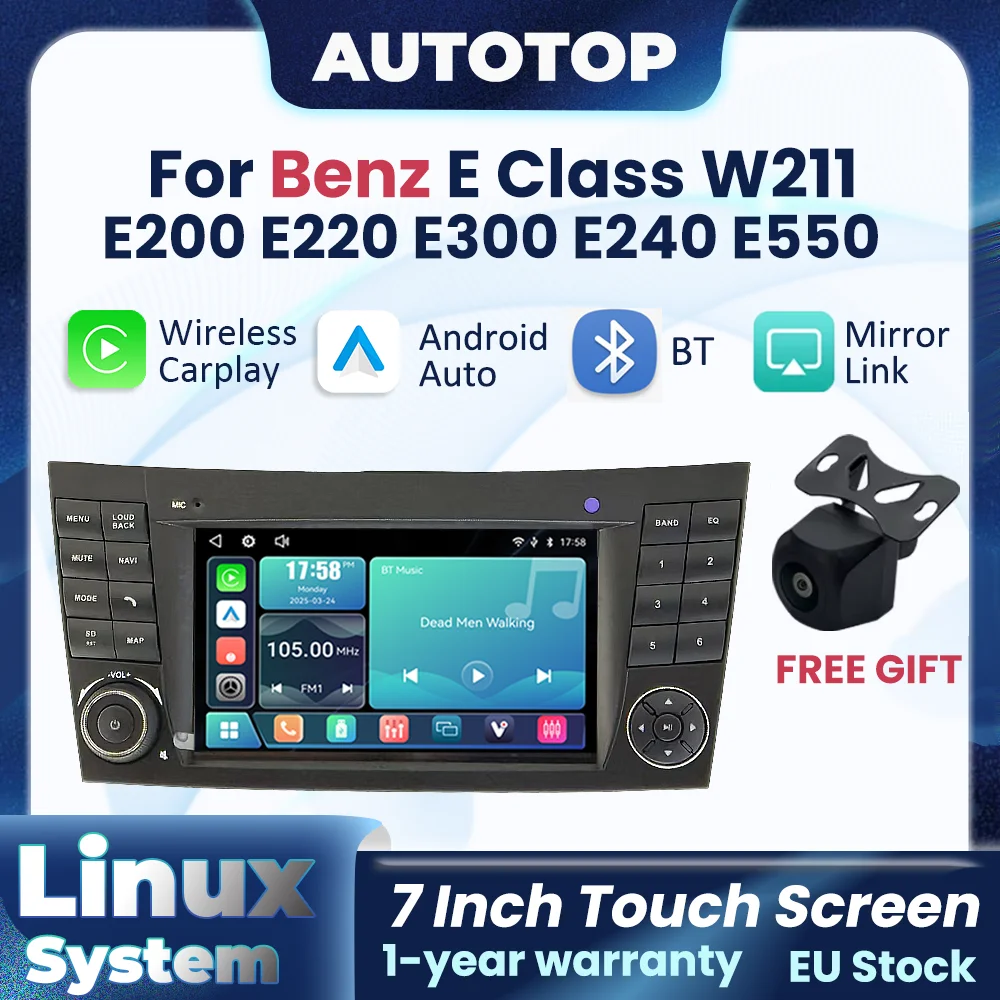 Radio para coche con CarPlay inalámbrico Linux para Apple y Android Auto, para Mercedes Benz Clase E W211 E200 E220 E300 E350 E240 CLS W219 CLK W209, GPS, FM, DSP, Multimedia, pantalla táctil, cámara trasera