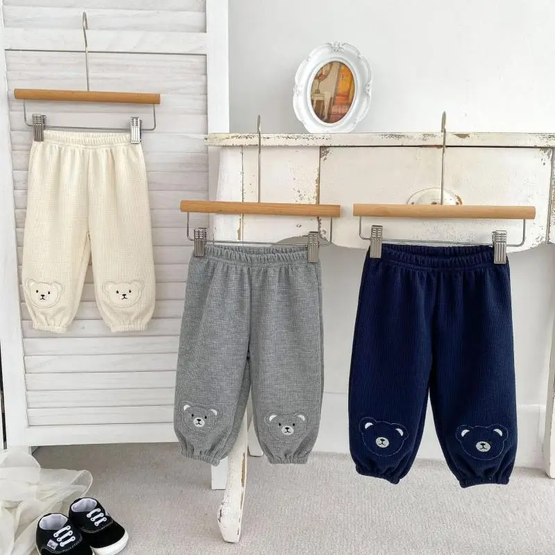 2025 Spring New Baby Loose Trousers Infant Boy Girl Cute Cartoon Bear Harem Pants Toddler Waffle Casual Pants Children Clothes