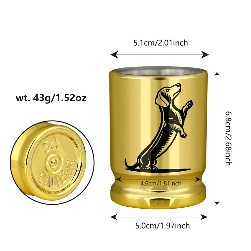 2 sztuki / zestaw 3.2oz Dachshund Design 50 Caliber Bullet Shot Cups Golden Plastic Shot Glasses for Wedding Celebration Party Drinkware