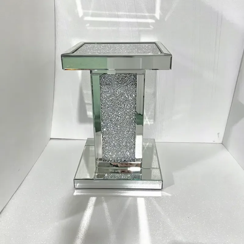 Hot Selling Light Modern Mirrored Glass Coffee Table Rhinestone Square Side Table Silver White Set Home Furniture