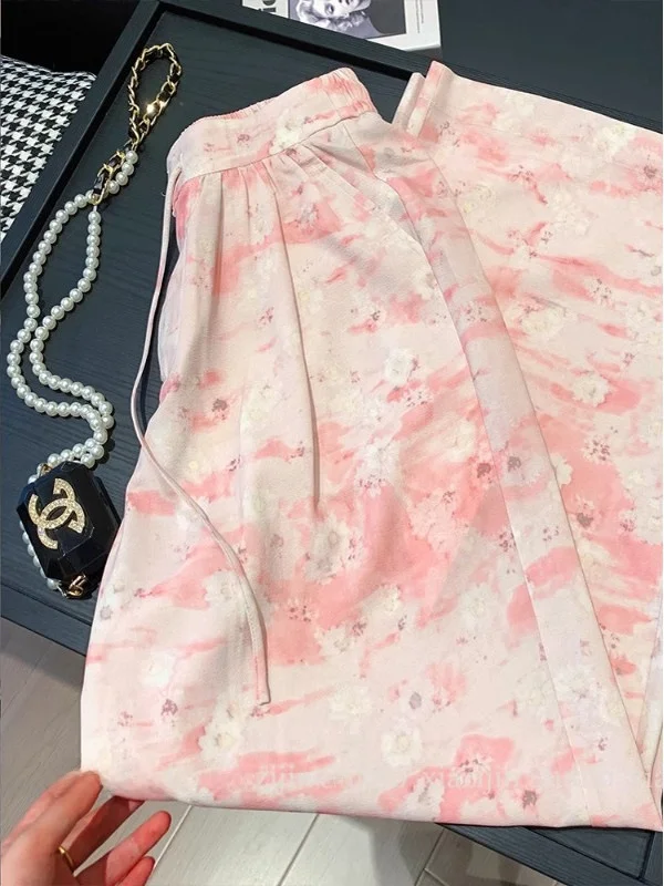 Korean Design Sensation Gradient Floral Wide Leg Pants Summer Elastic Waist Thin Belt Casual Versatile Long Pants Women