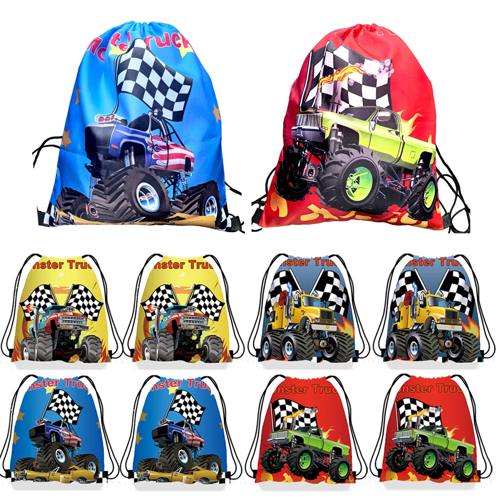 12/24/36/60pcs Monster Truck Drawstring Gift Bag Red Yellow Blue Backpack Boys Racing Theme Birthday Party Decor Supplies