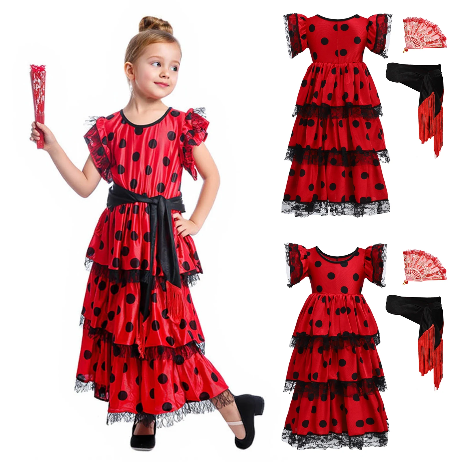 Costume de Flamenco pour enfants filles, ensemble de 3 pièces, robe de danse en dentelle Patchwork avec cravate à la taille détachable et éventail, vêtements de danse latine lyrique