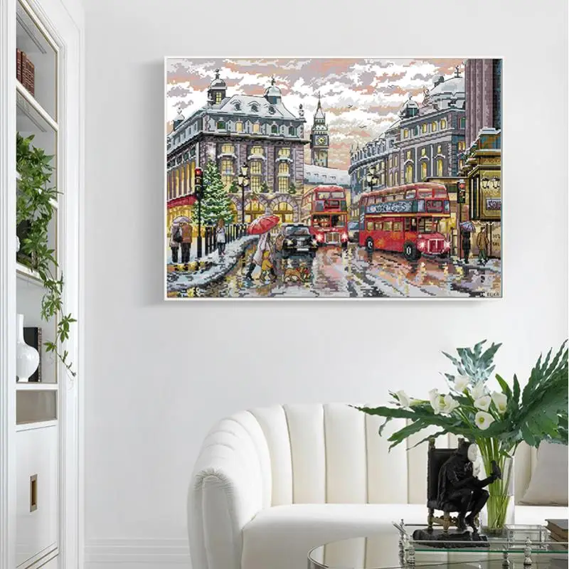 Street View Joy Sunday Cross Stitch Embroidery Set 14CT 11CT Count Printed Canvas Fabric Needlework Sewing Kit DIY Home Decor