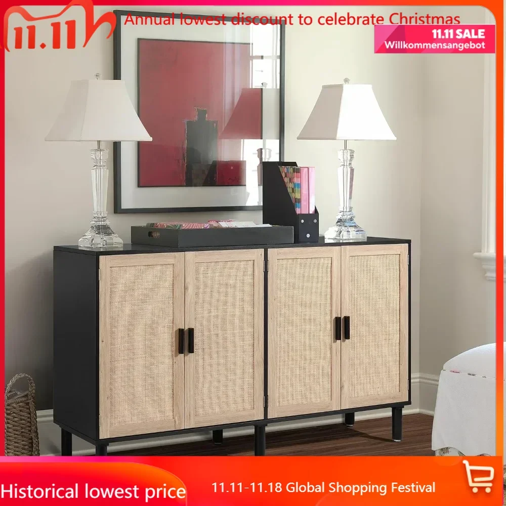 

4 Door Sideboard Buffet Cabinet, Kitchen Storage Cabinet with Rattan Decorated Doors, Cupboard Console Table