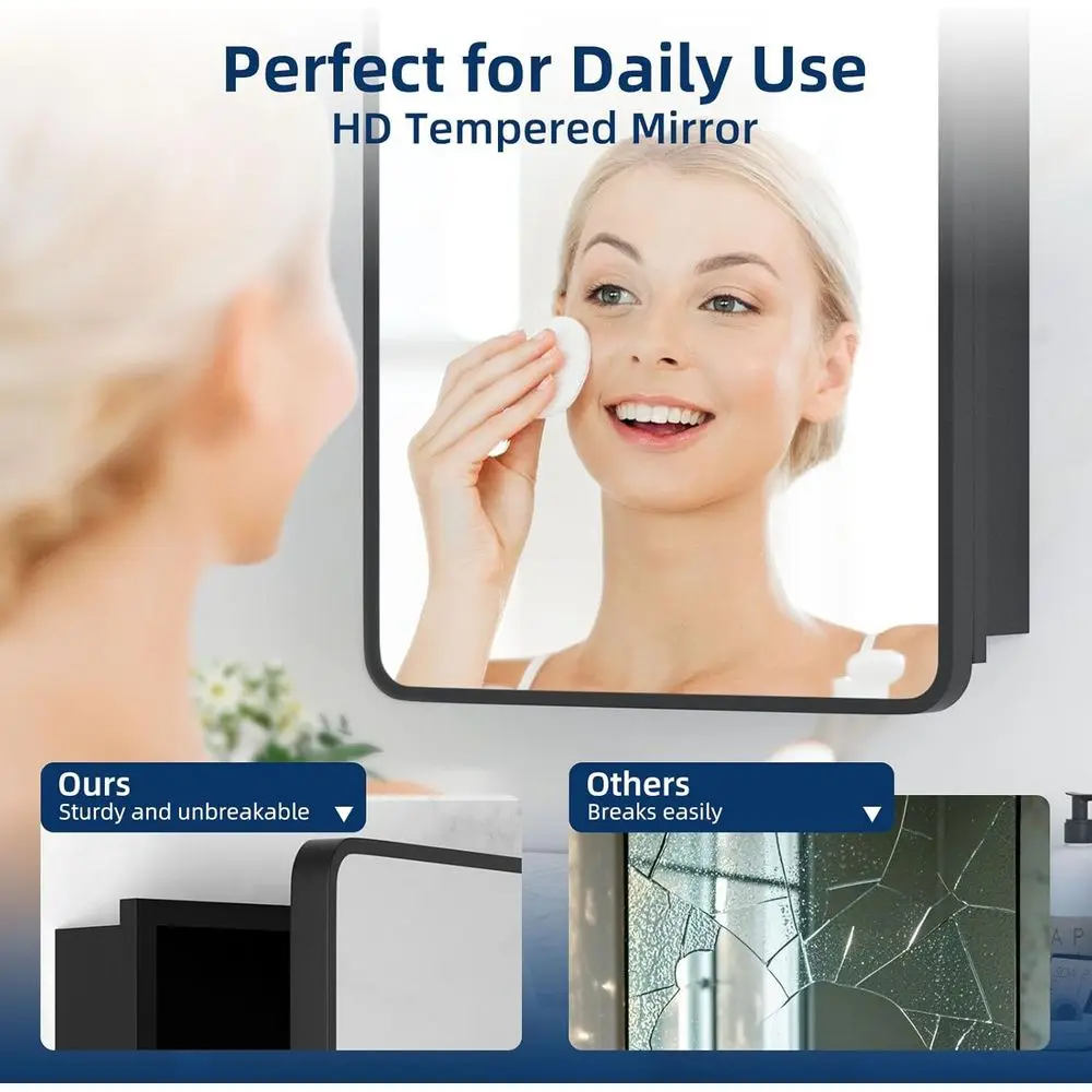 خزانة طبية مثبتة على السطح مقاس 16 × 24 باللون الأسود مع مرآة وأرفف قابلة للتعديل #6