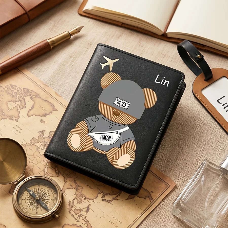 1pc Personalized Custom Text Name Passport Holder Foldable Travel Accessory,Cute Cartoon Pattern Design, Lightweight And Durable