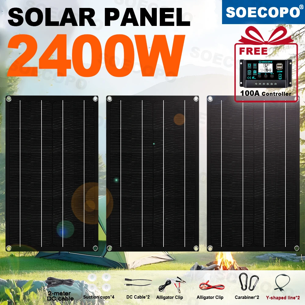 

SOECOPO 2400W Free 100A Controller Portable Solar Panel Set 3*800W Panels DC 18V USB 5V Perfect for Home Camping Equipment