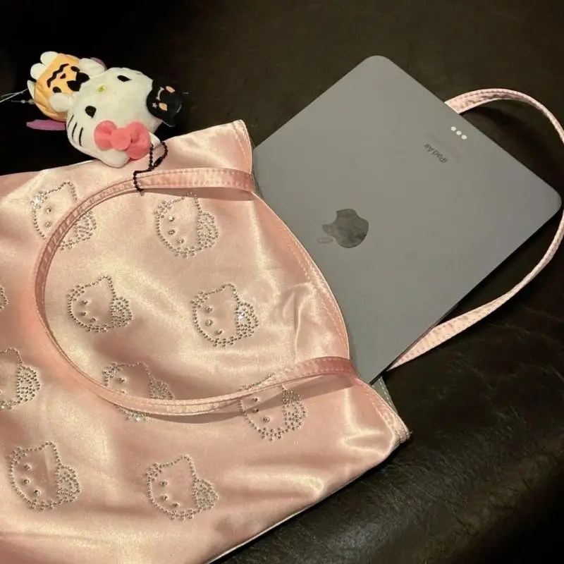 New Sanrios Handbag Hellokittys Hot Drill Full Print Satin Silk Bag Kawaii Cartoon Tote Girl Gift Anime Figure High Capacity