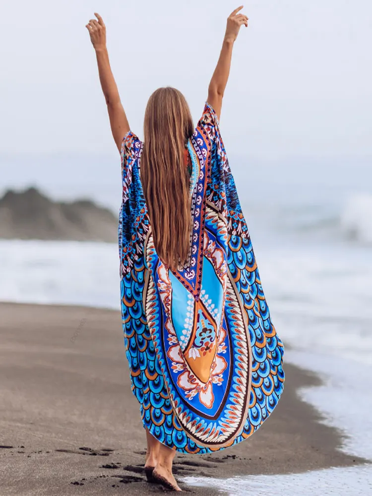 2023 Bohemian Printed Summer Holiday Dress Blue Tunic Women Beach Wear Kaftan V-Neck Bats Sleeve Maxi Dress Robe Q956