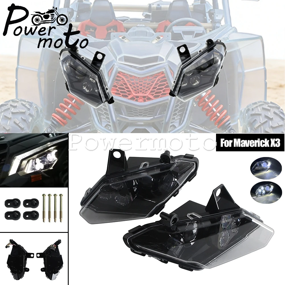12 Volts Waterproof LED Headlights For X3 Head Lamp Assembly Light Clear Lens High/Low Beam For Can-Am Maverick X3 Turbo Max 17+