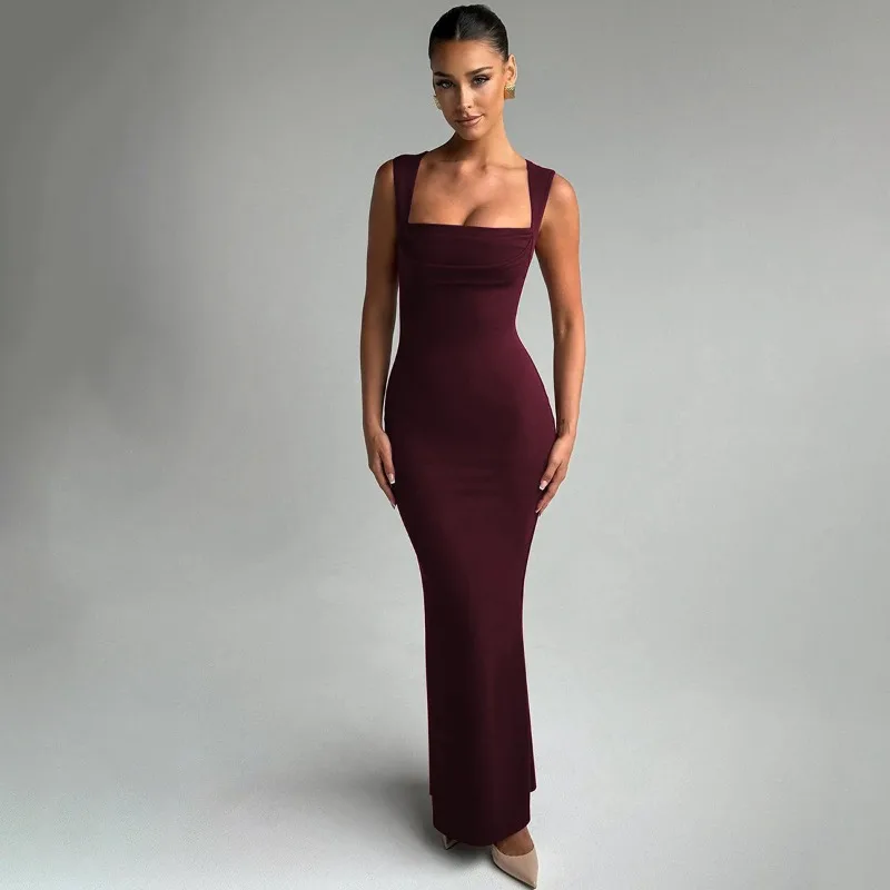 New Fashion Dresses 2026 Woman Square Neck Sleeveless Bodycon Maxi Skirts Elastic Slim Fit Evening Party Dresses Y2k Clothes