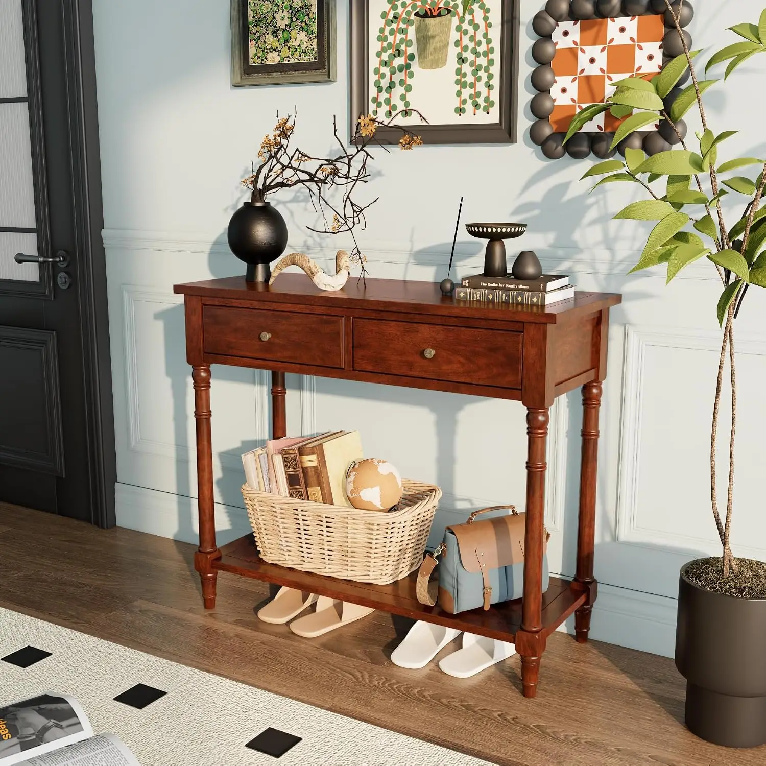 Solid Wood Console Table with Drawers & Open Shelf, 35.4