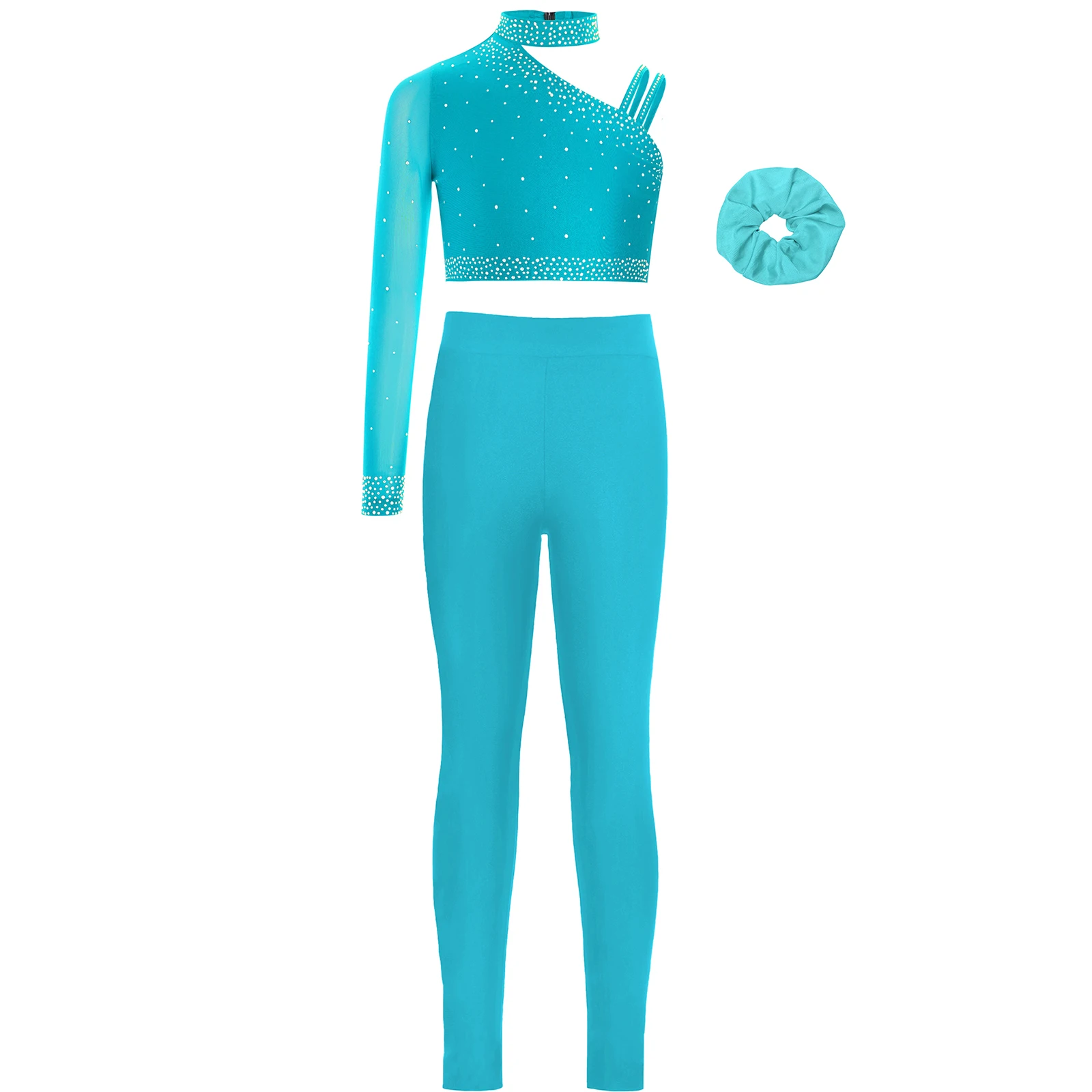 Girls Ballet Dance Outfit Unique Irregular Shoulder Rhinestones Crop Top with Hairband Leggings for Figure Skating Gymnastics