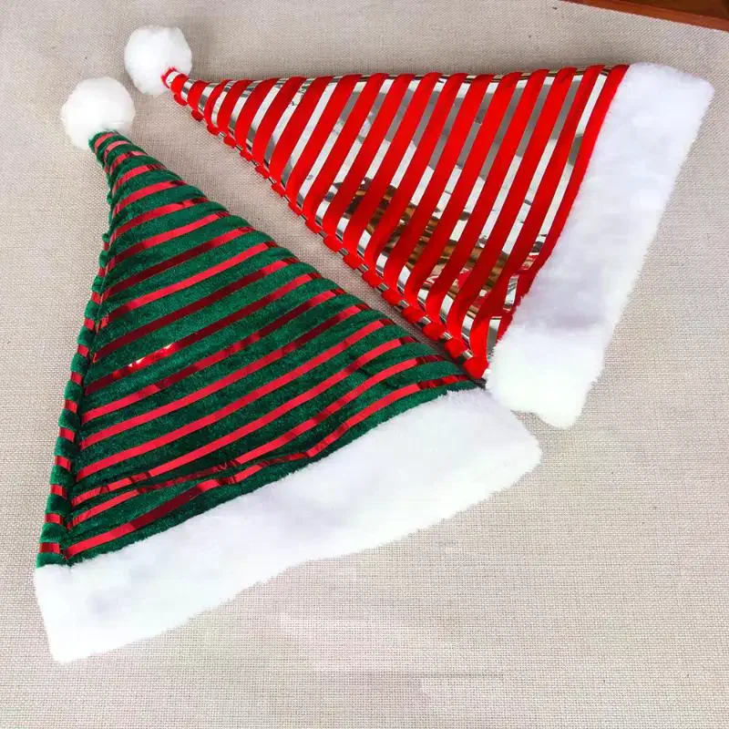 قبعات عيد الميلاد مع خطوط لامعة باللونين الأحمر والأخضر قبعات سانتا المخملية لتزيين أغطية الرأس الاحتفالية #3