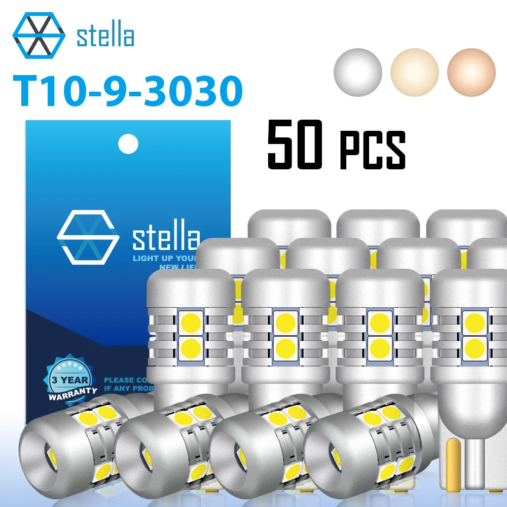 Stella 50pcs 9-46V T10 LED W5W 3000k Warm White 4300K Nature White 6000K Cold White High Bright Lamp Canbus Bulb 9SMD 3030 Chip