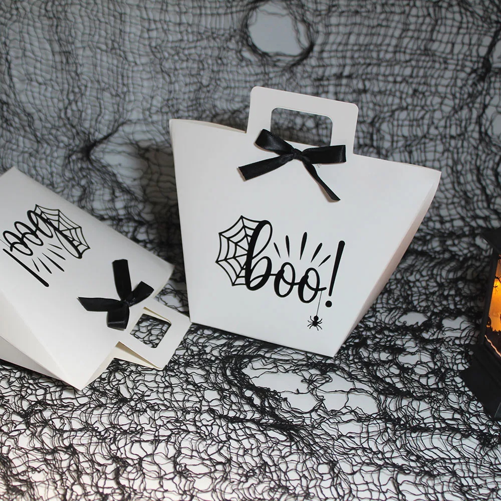 White Gift Bags with Spiderweb and BOO! Design | Black Foil Stamping | Perfect for Halloween Trick-or-Treating