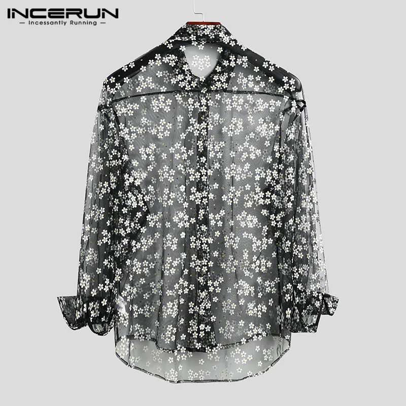 INCERUN Tops 2024 Mens Long Sleeve Mesh Shirts Casual Printing Shirt Man See Through Loose Blouse Fashion Party Lapel Blouse 5XL