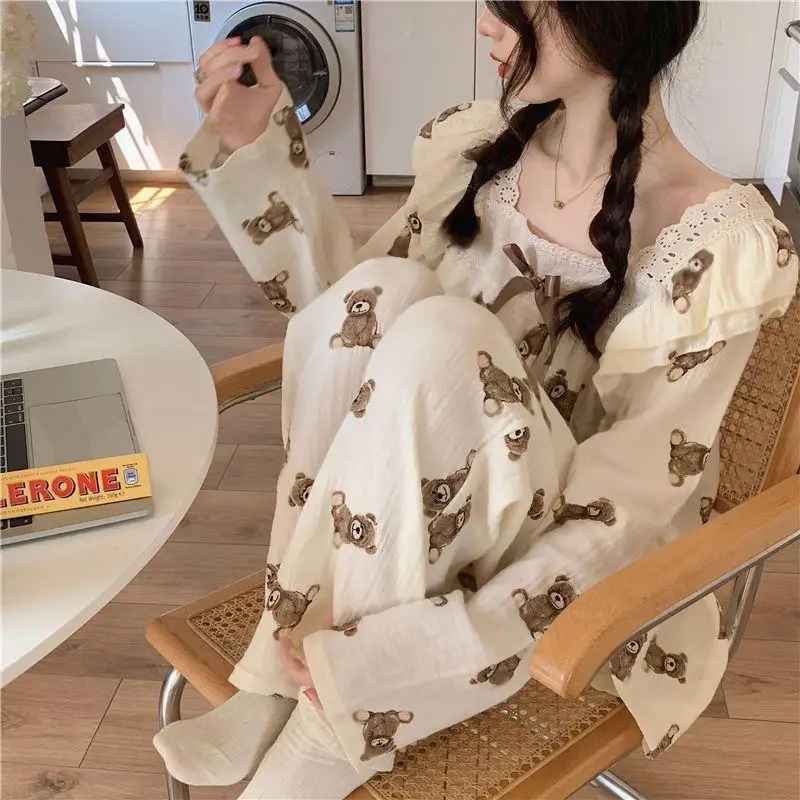 Cute Autumn Bear Bow Long Sleeve Long Pants Pajamas Women New Winter 2024 Loungewear Set Women