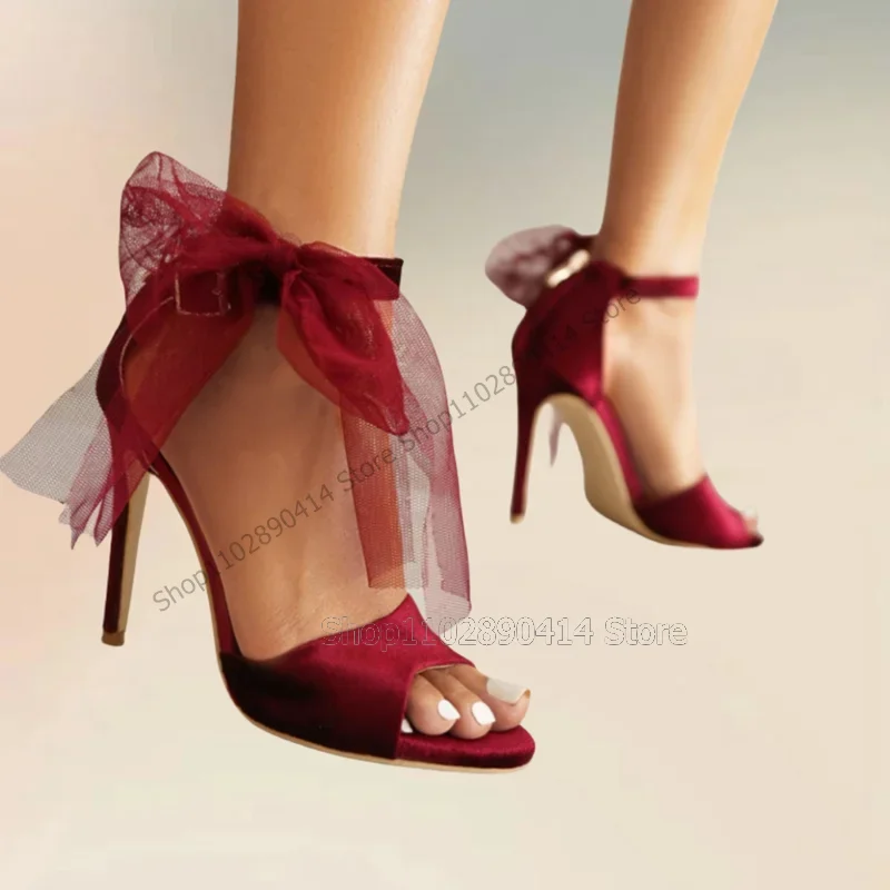 

Red Bow Knot Decor Corduroy Open Toe Sandals Ankle Buckle Strap Women Shoes Thin High Heels New Fashion 2023 Zapatos Para Mujere
