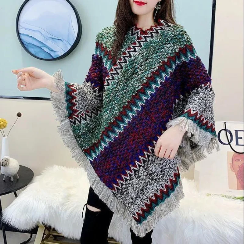 

Autumn Winter 2023 Women's New Fashion Mohair Pullover European and American Retro National Style Wild Net Red Cape Cape Tassel