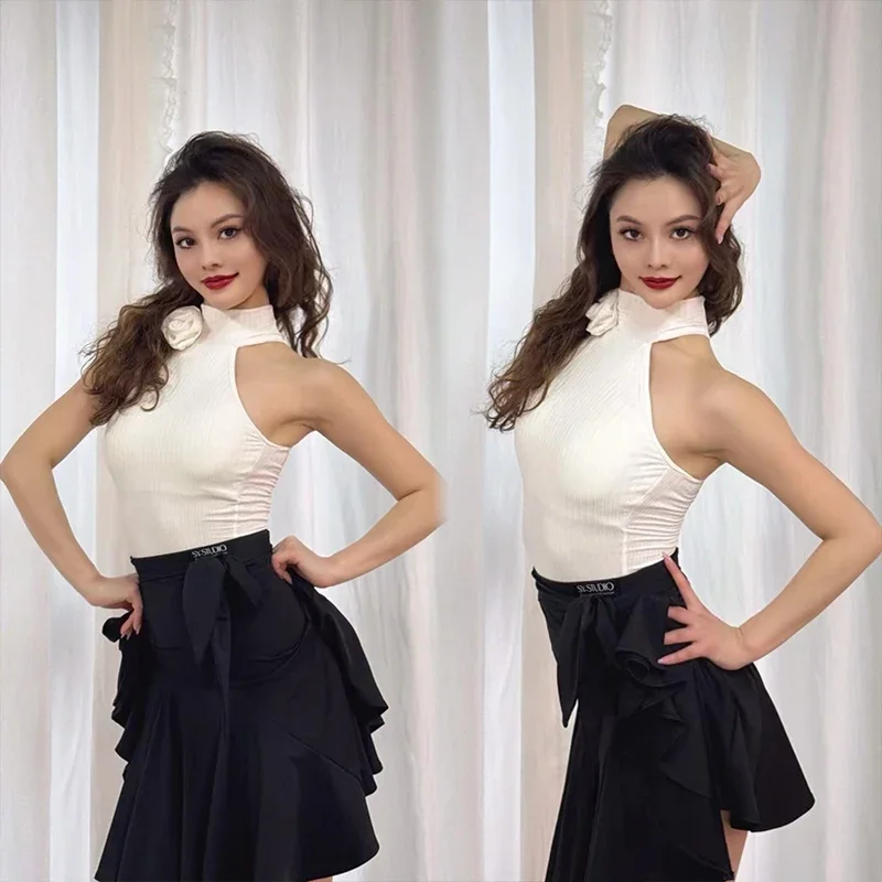 

Women Latin Dance Costume High-Neck Sleeveless Bodysuit Black Skirt Split Suit Practice Outfit Rumba Latin Dance Clothes