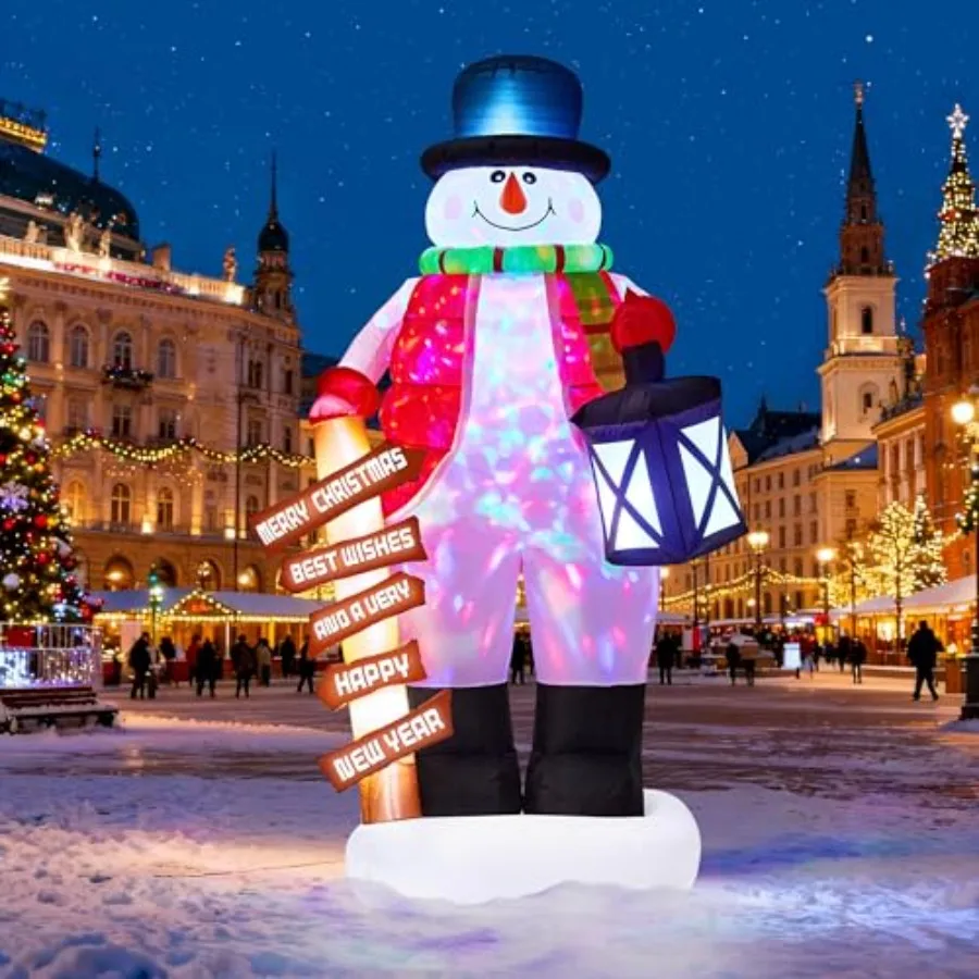 

8FT Christmas Inflatable Snowman with Rotating RGB Lights, Holding Lantern and Waving, Outdoor Blow Up Decor with Rotating Mult