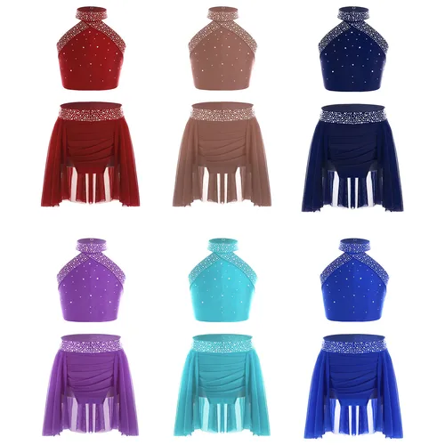 Imagen 2 del producto Conjuntos de falda y Top de baile con diamantes de imitación brillantes para niñas, traje de baile de Ballet lírico contemporáneo moderno, trajes de patinaje artístico